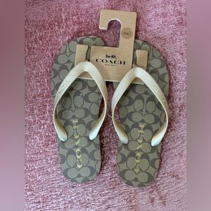 Coach Tan and Brown Logo Flip Flops